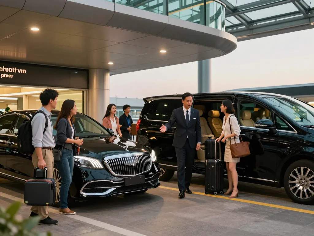 Private airport transportation Midway with a professional chauffeur assisting clients at the terminal.