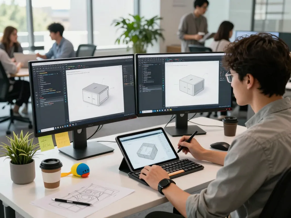 Innovative 3D product configurator software workspace with developers collaborating.
