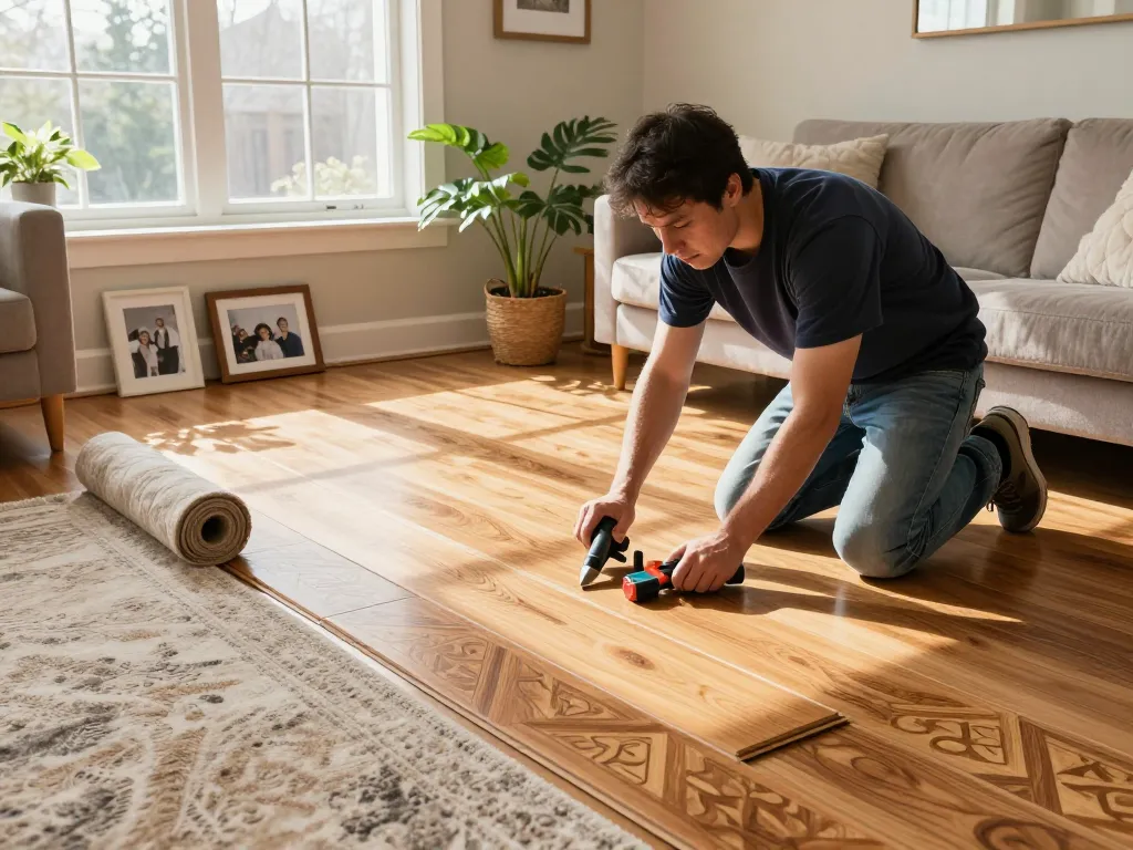 Flooring specialists near me installing hardwood floors in a cozy living room, showcasing craftsmanship and warm ambiance.