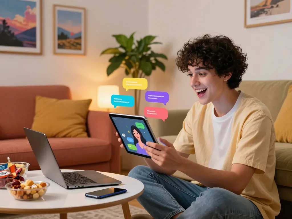 Engaging chat with AI gf on tablet in cozy living room setting.
