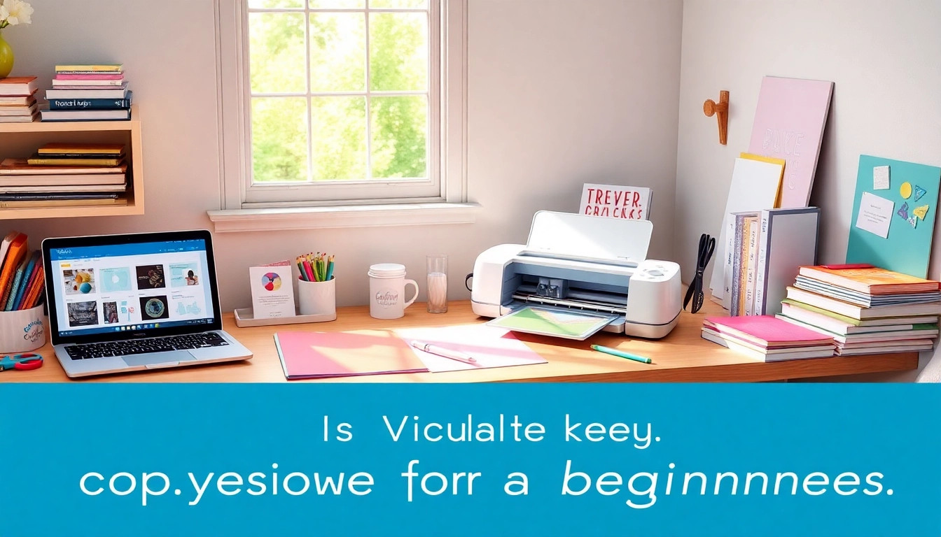 Cricut for beginners workspace featuring a Cricut machine, vibrant materials and crafting tools.