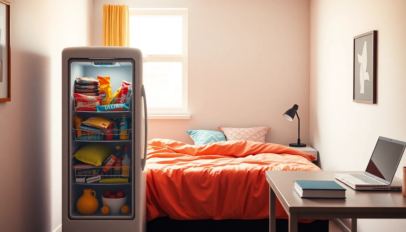 Organize a dorm room fridge filled with snacks in a stylish college bedroom setting.