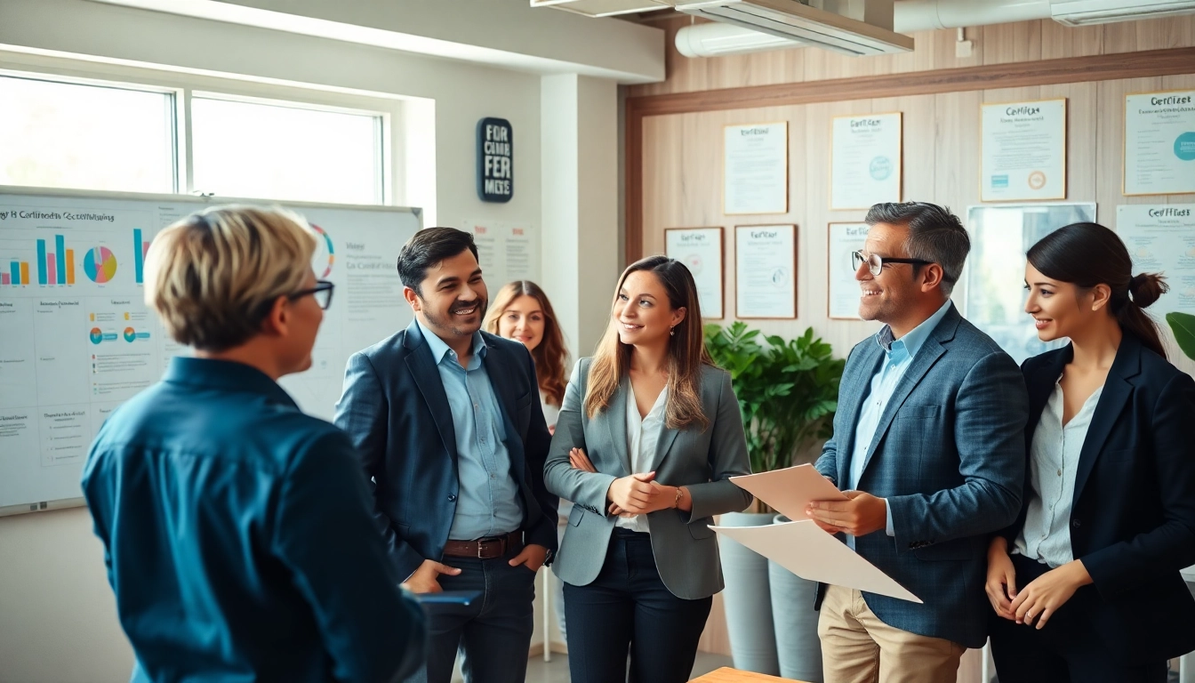 Explore options to get certified with professionals discussing in an inviting office.