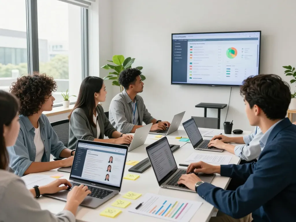 Engaged recruiters collaborating in an office setting, representing temporary staffing agencies connecting talent with opportunities.