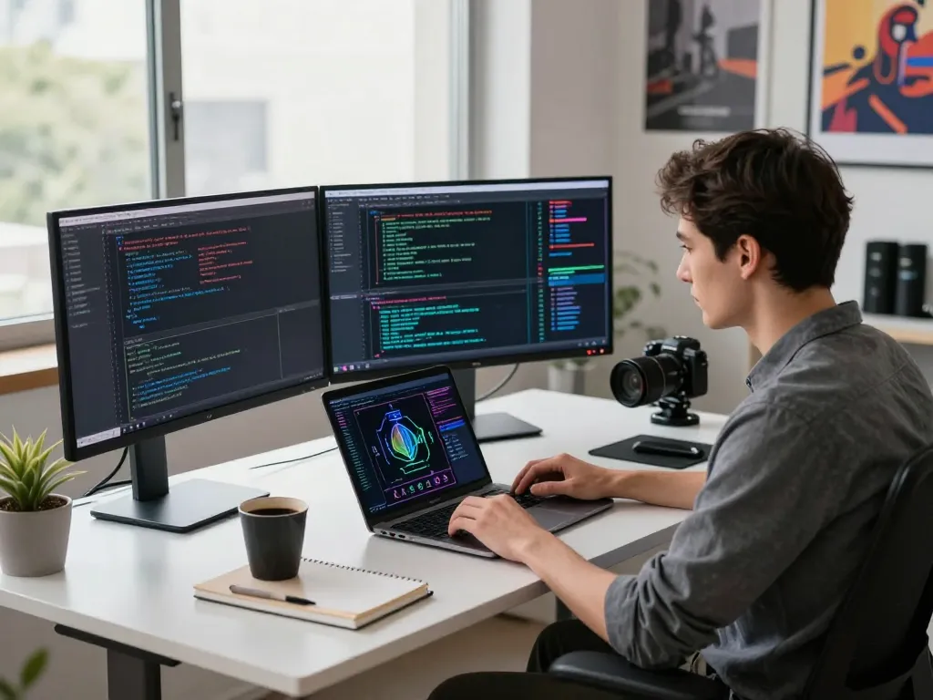 Dynamic workspace showcasing mind control ai development with expert software engineer coding algorithms and analyzing data.