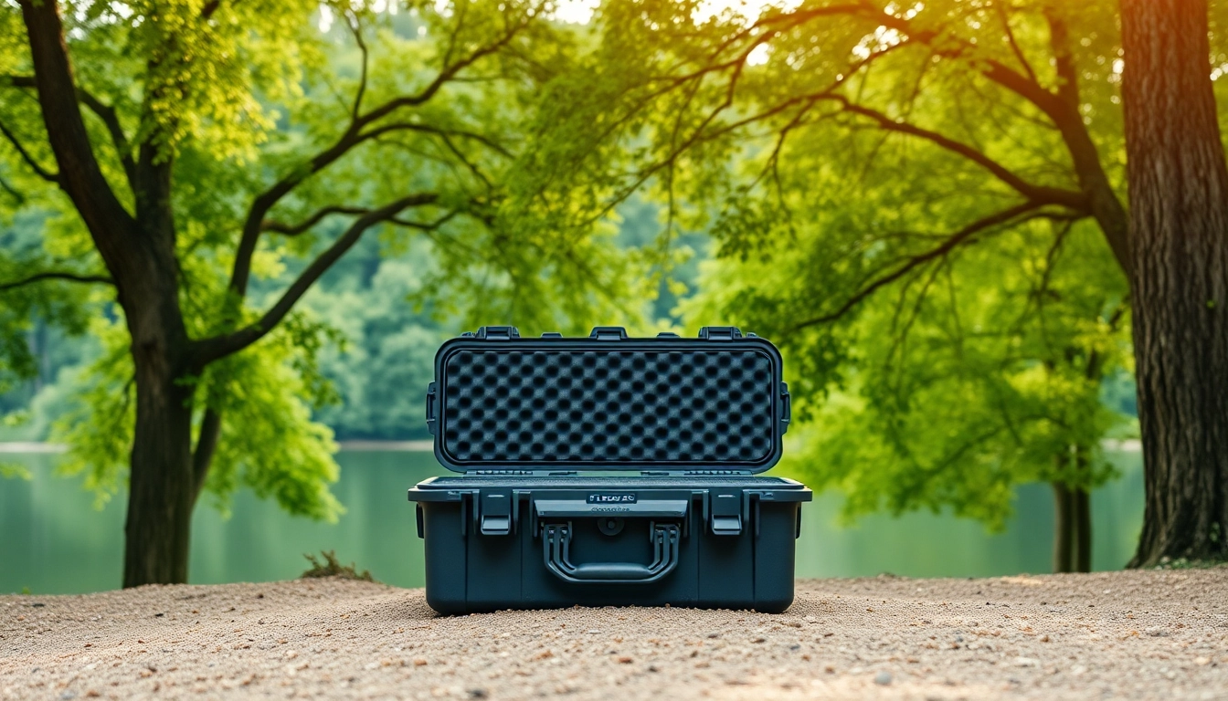 View of a pelican gun case for sale, showcasing durability in a natural outdoor setting.