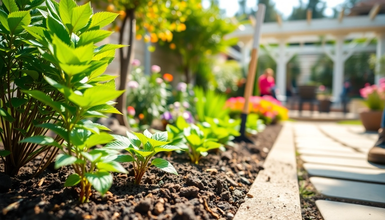 Landscaping contractor San Ramon planting vibrant flowers in a beautifully designed backyard.
