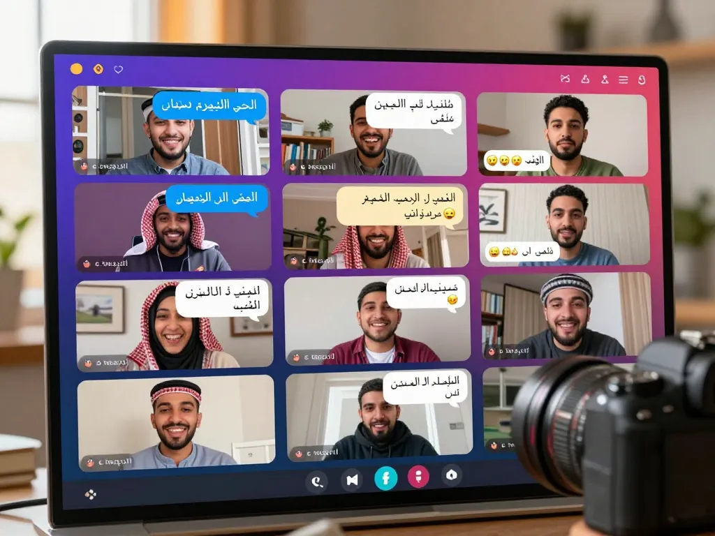 Diverse users in دردشة فلسطين sharing laughter and stories in a vibrant online chat room.