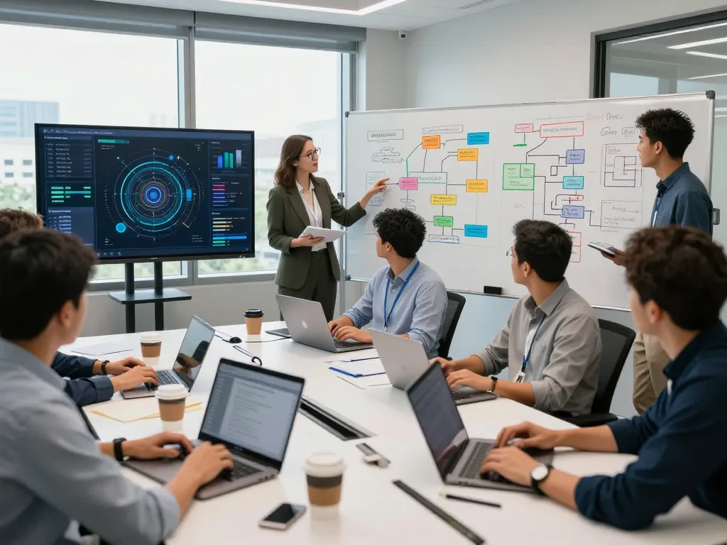 Dynamic team collaboration scene showcasing AI development methods in a modern office setting