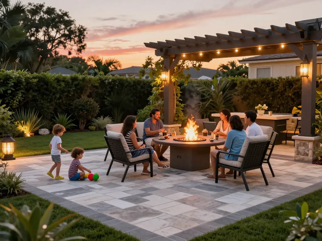 Paver patio near me showcasing a family gathering in a beautifully landscaped backyard with a warm fire pit.