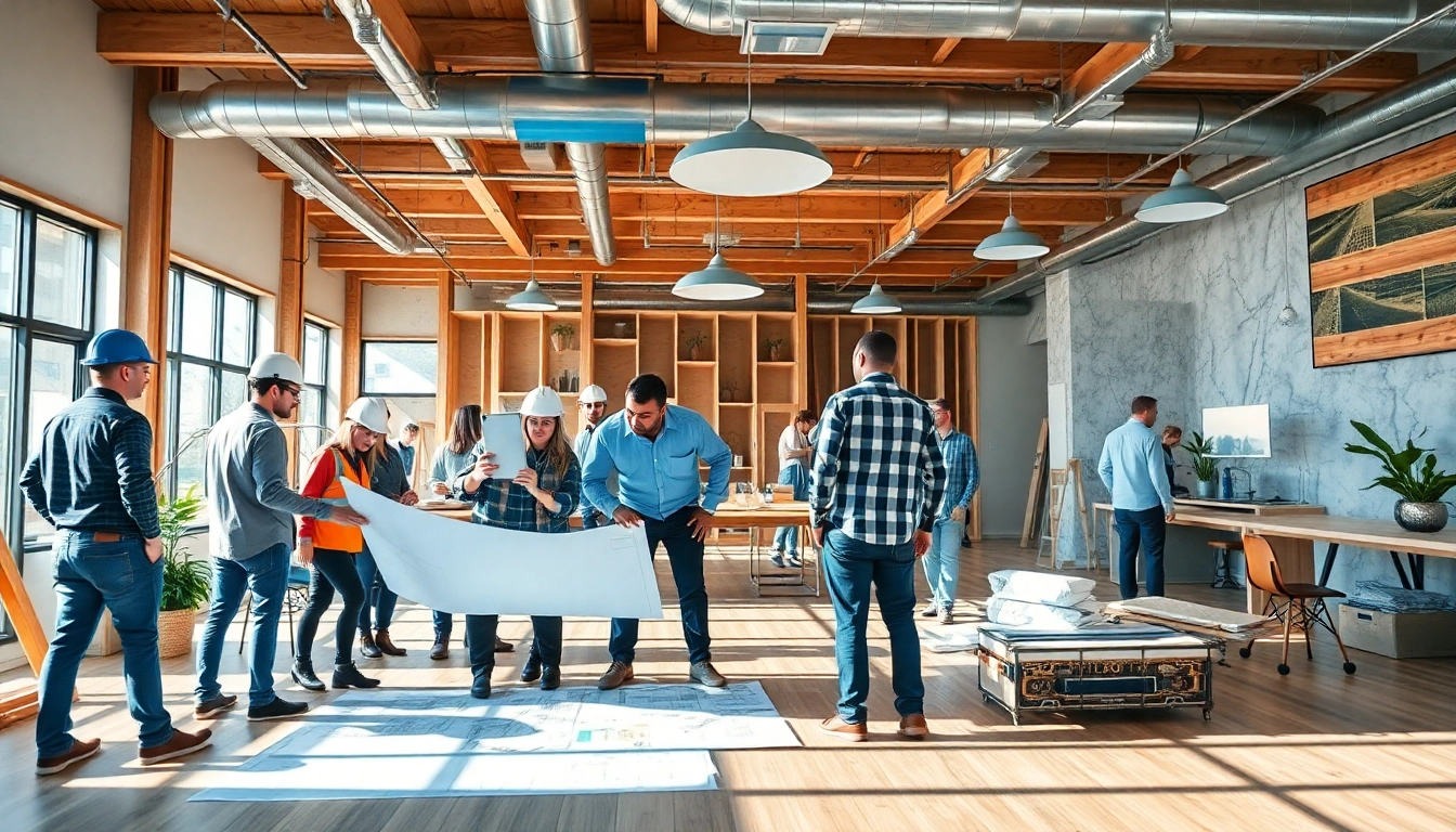 Commercial renovation company Austin team collaborating on a project in a modern office.