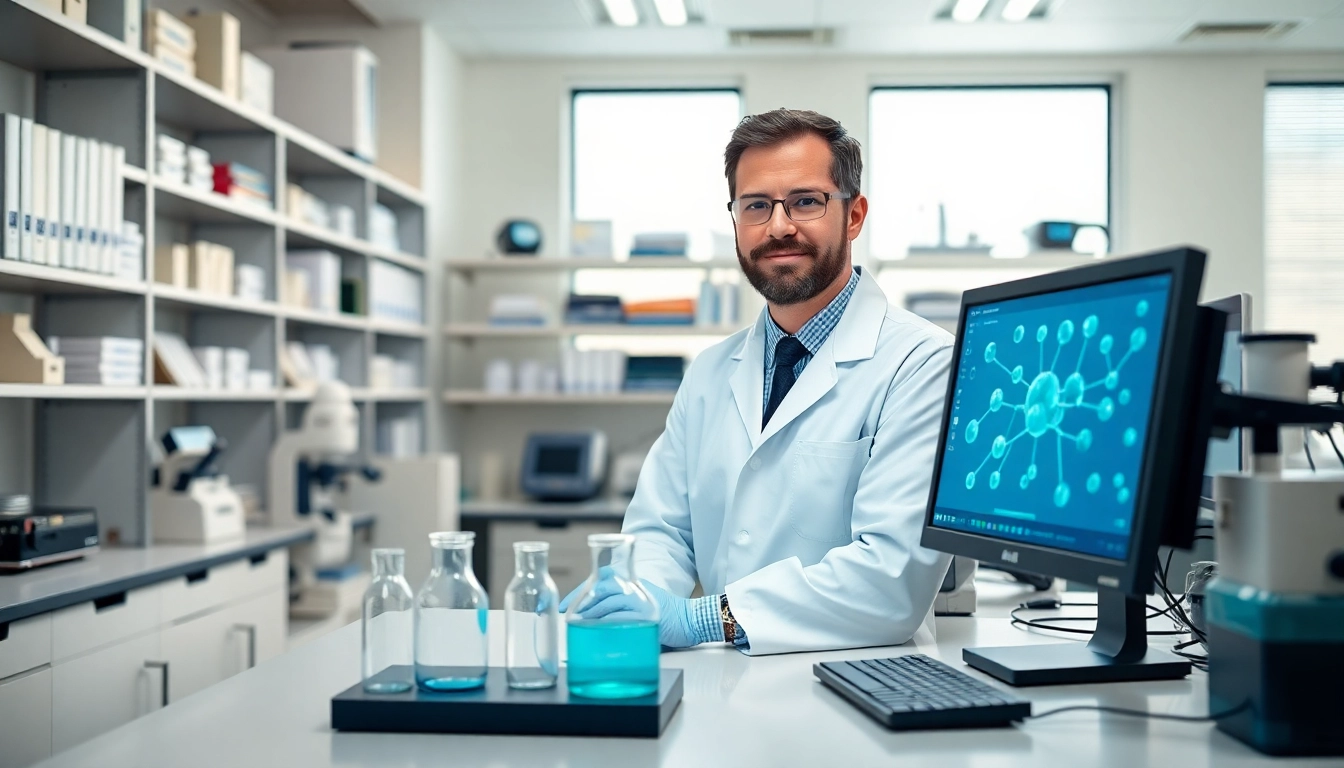 Scientist researching Retatrutide in a high-tech laboratory environment.