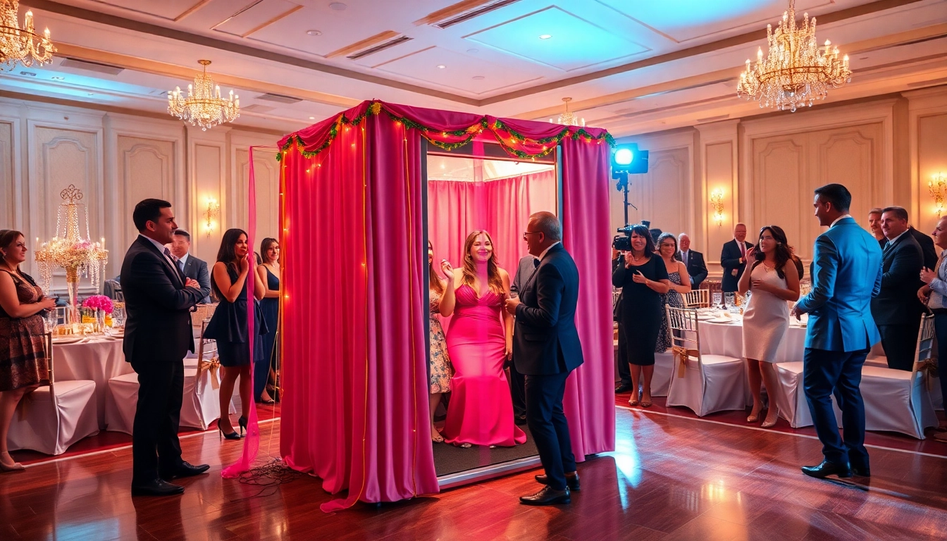 Guests enjoying a photo booth rental at a lively wedding reception, capturing joyful memories.