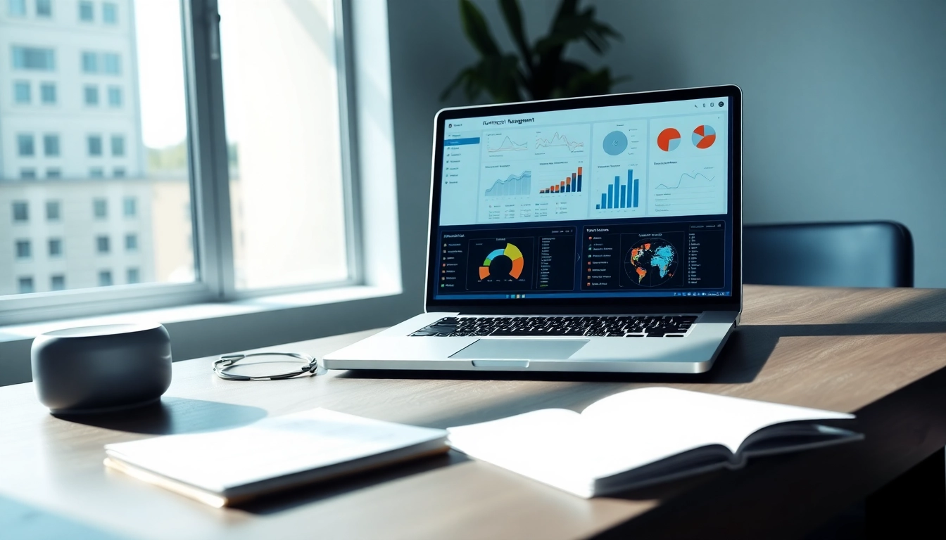 Visualize efficient contract management with a laptop showcasing organized data and professional ambiance.