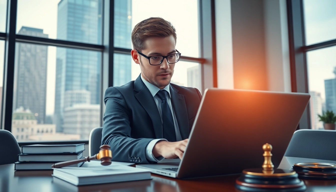 Lawyer utilizing SEO for Lawyers strategies in a modern office setting to attract clients.