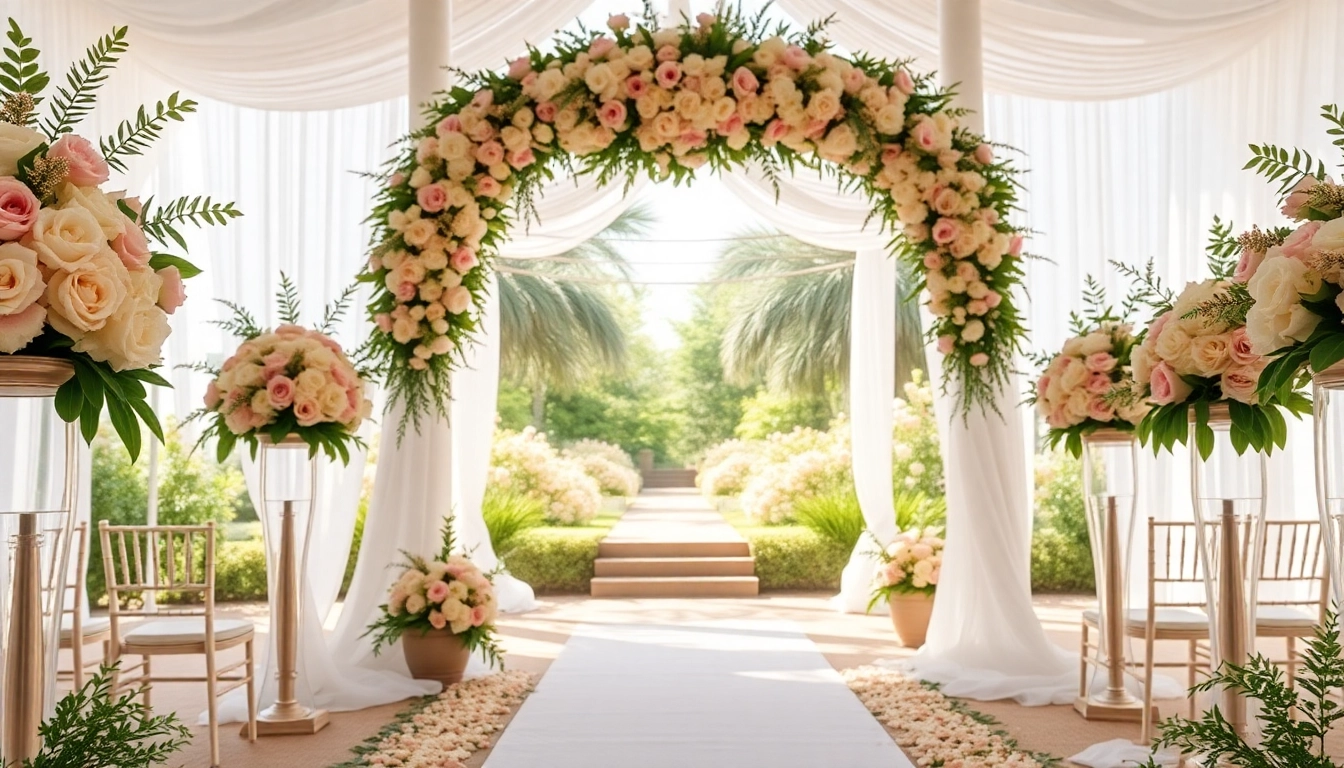 A stunning wedding venue in Jacksonville featuring a romantic floral setup and elegant decor, perfect for a magical celebration.
