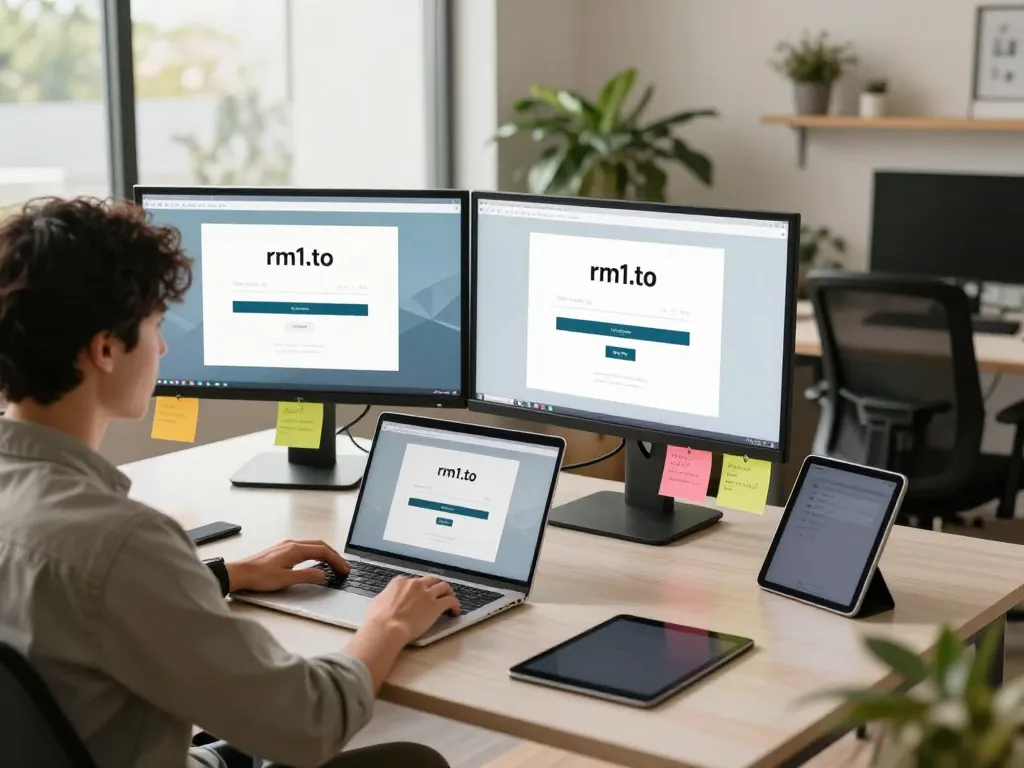 User accessing the rm1.to login page in a vibrant tech workspace.