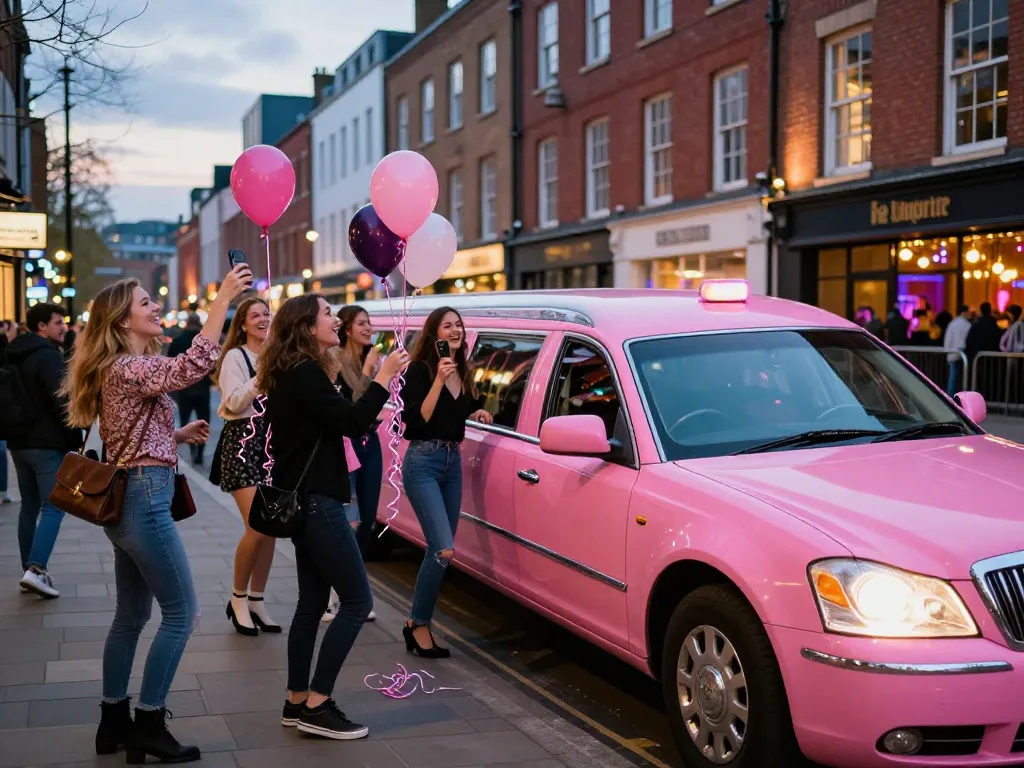 Nottingham Limo Hire experience with a group of friends celebrating in a Pink Limo under city lights.