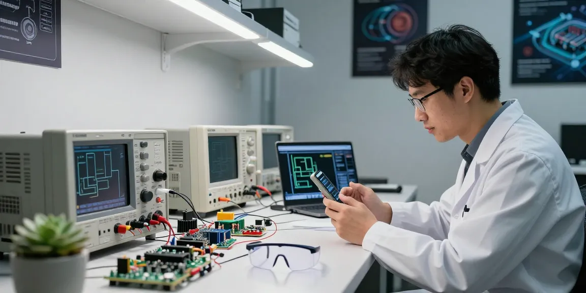 Engineer analyzing portable oscilloscopes on a cluttered workbench in a tech lab, showcasing advanced signal testing.