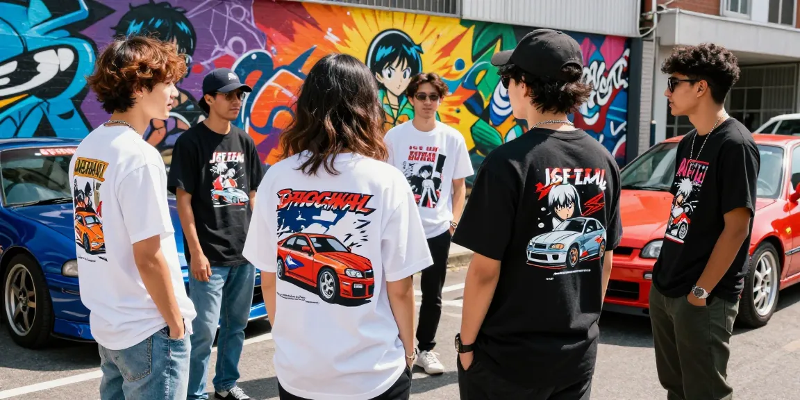 Group of young adults in anime car t shirts showcasing street culture in urban setting