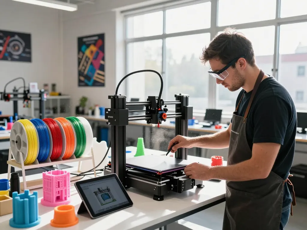 Technician using a 3D printer in a bright workshop, showcasing innovative 3D Printing technology.