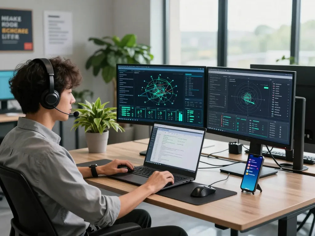 快连 network engineer in a modern tech office, showcasing real-time performance data analytics.
