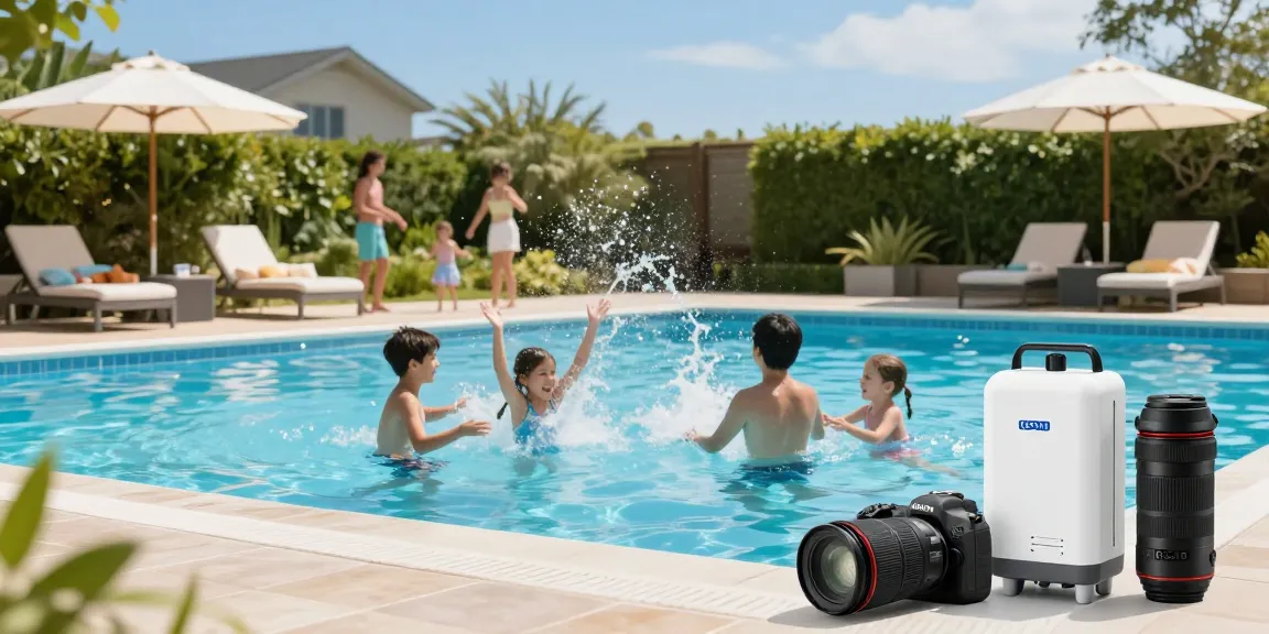 Replacement Cells in Australia featured in a lively outdoor pool scene, showcasing K-Chlor chlorinators and a family enjoying the water.