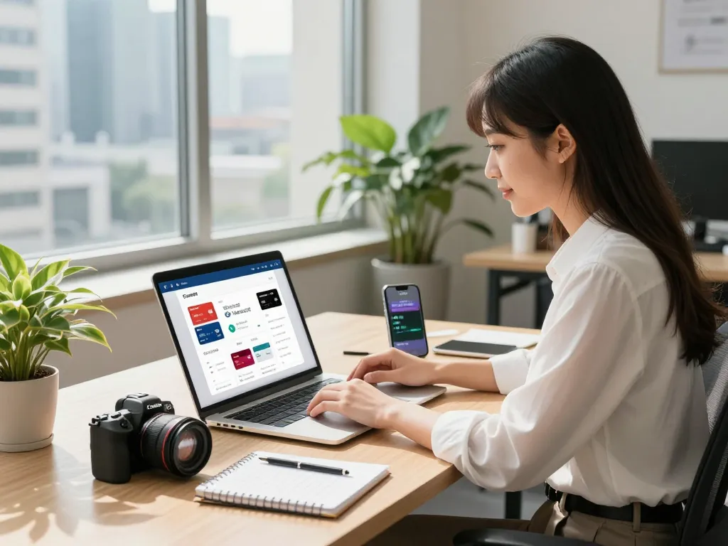 Ezzocards showcased on a professional's desk with secure payment interface, laptop, and modern urban office background.