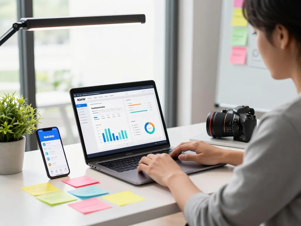 Professional digital workspace managing nsfw content with analytics and strategic notes.