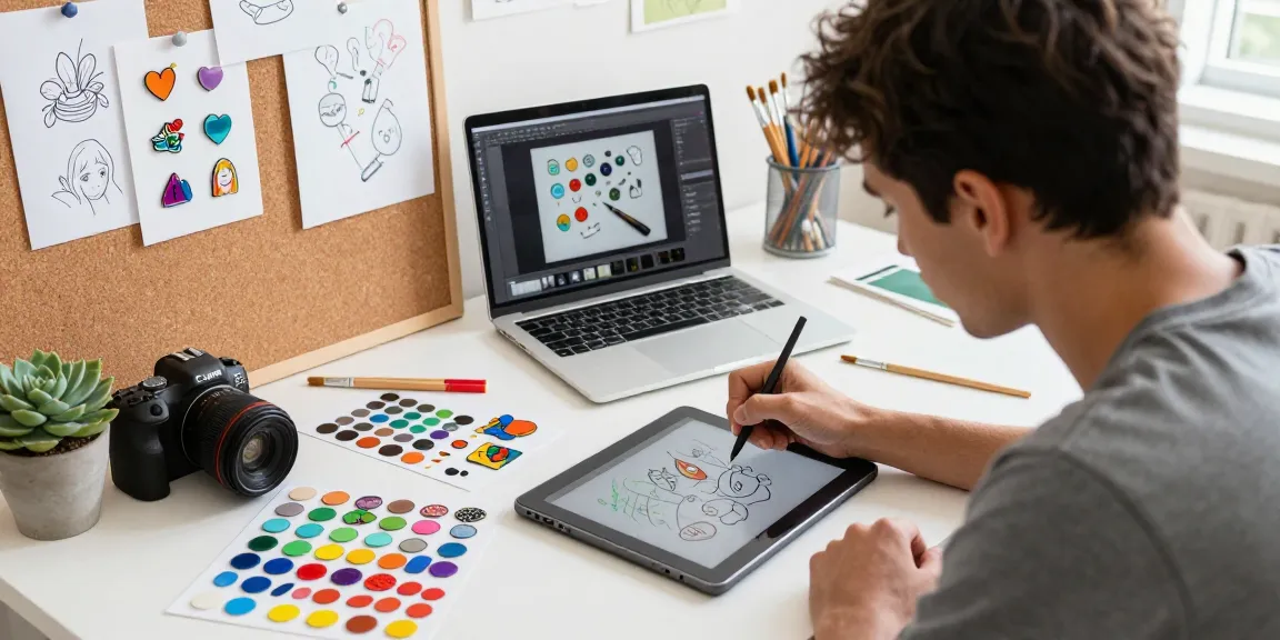 Artist designing custom acrylic pins with vibrant colors and tools in a creative workspace