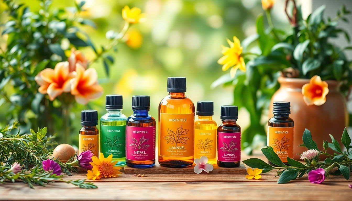 Showcase essential oils from https://amc-essentials.com/ with fresh herbs in a calming workspace.