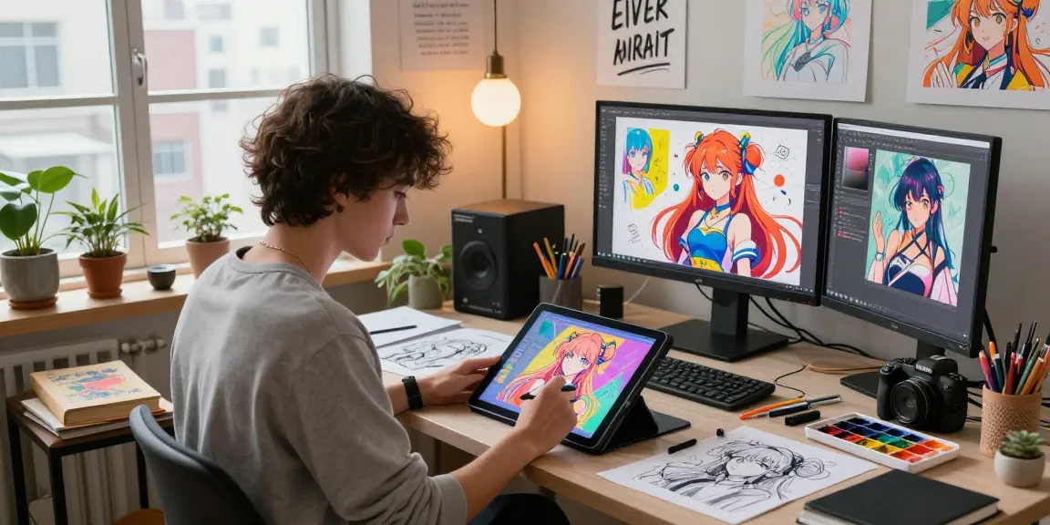 Stunning ai ecchi illustrations being created in vibrant art studio with creative tools.