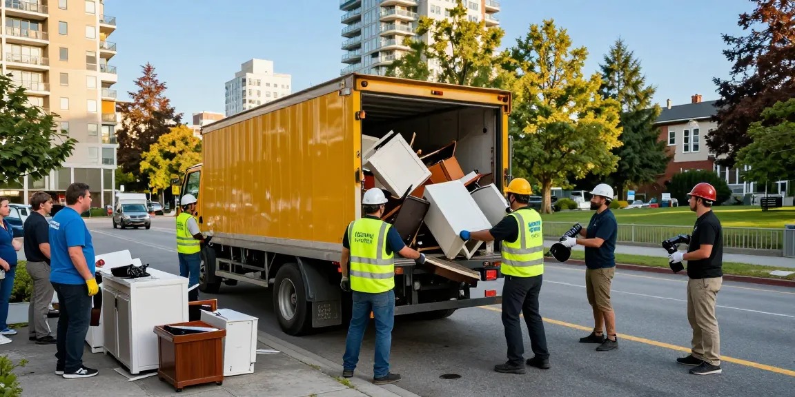 Efficient junk removal team in Vancouver loading junk into truck for target Junk Removal Vancouver
