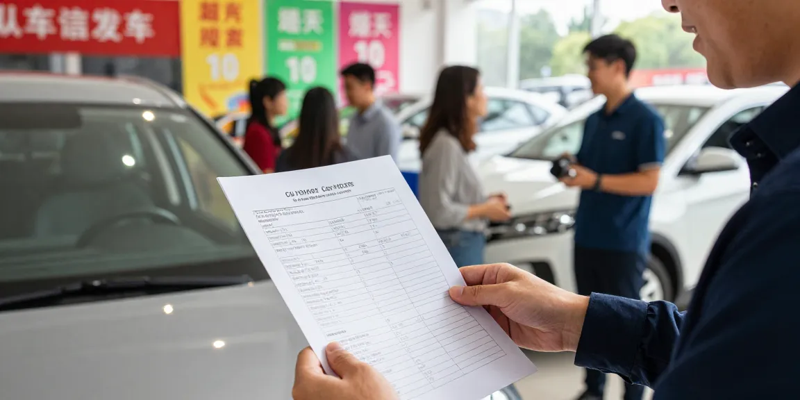 A person conducting a car history check UK at a dealership, reviewing detailed report in hand.