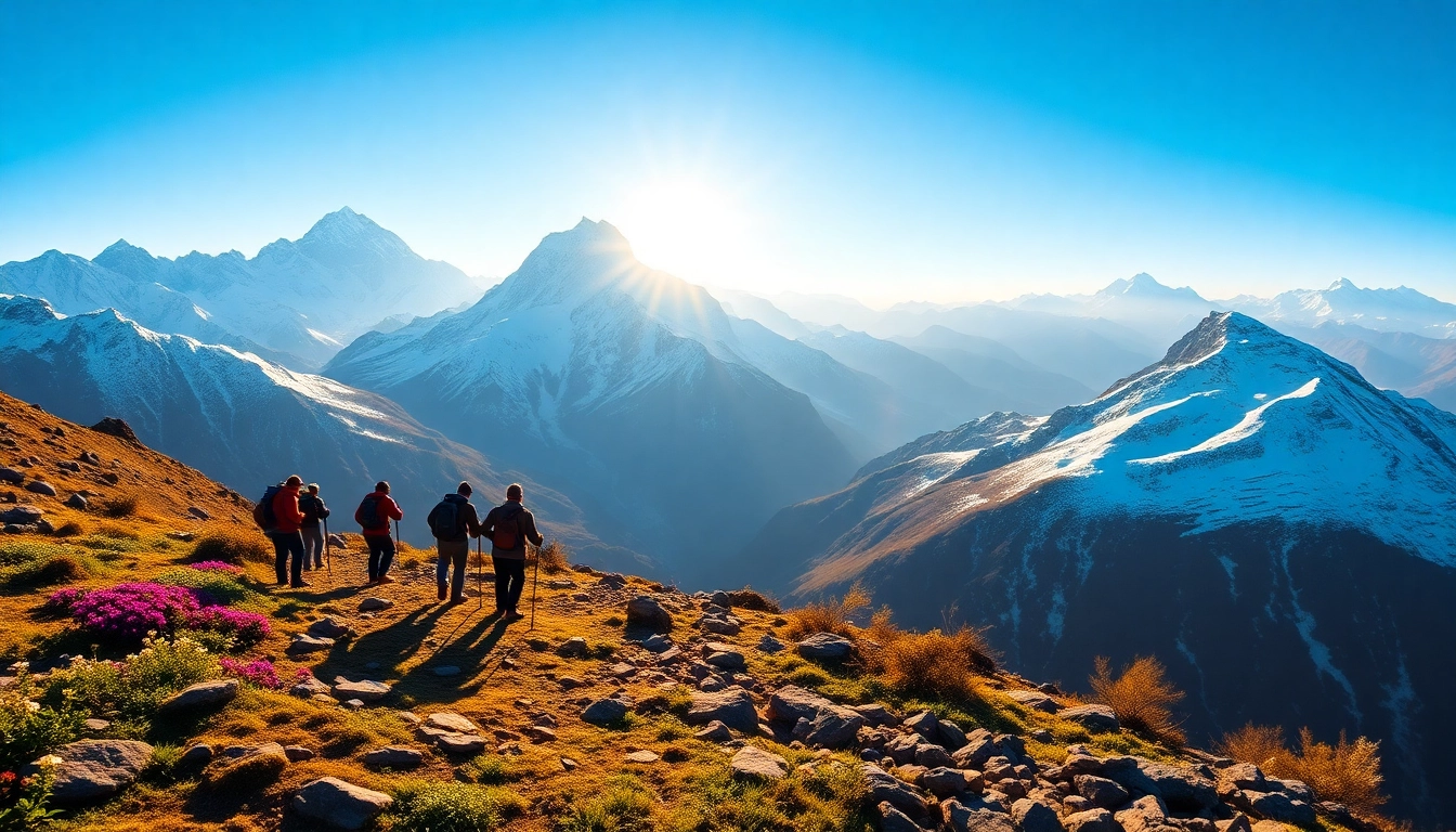 View of trekkers on the Sandakphu trek with majestic mountains in the background.