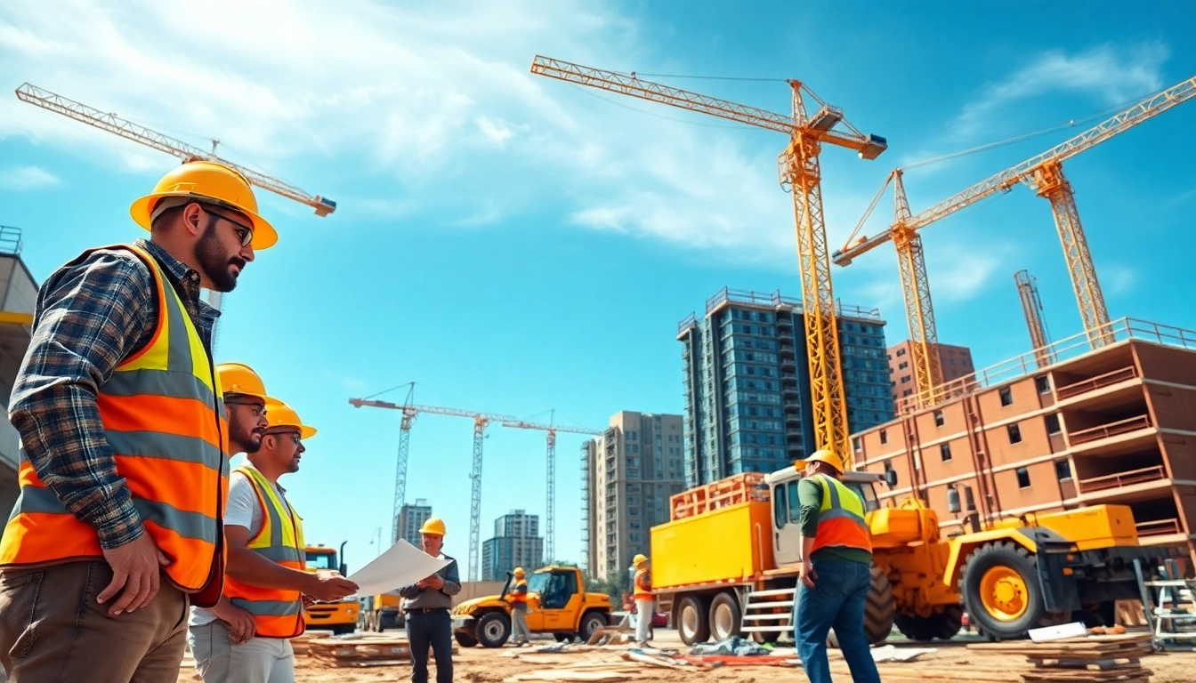 Workers collaborate on Carolinas construction site with building structures in the background.