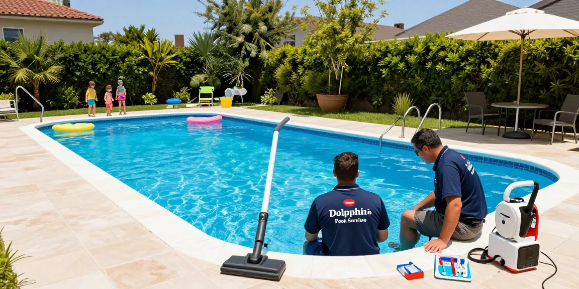 Dolphin Pool Services team performing expert maintenance on a residential pool in sunny Virginia, showcasing a clean and inviting backyard environment.