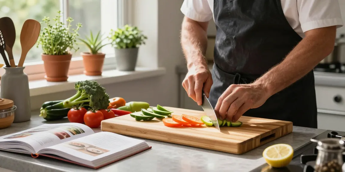 Home chef using bamboo cutting boards with vibrant vegetables in a cozy kitchen.