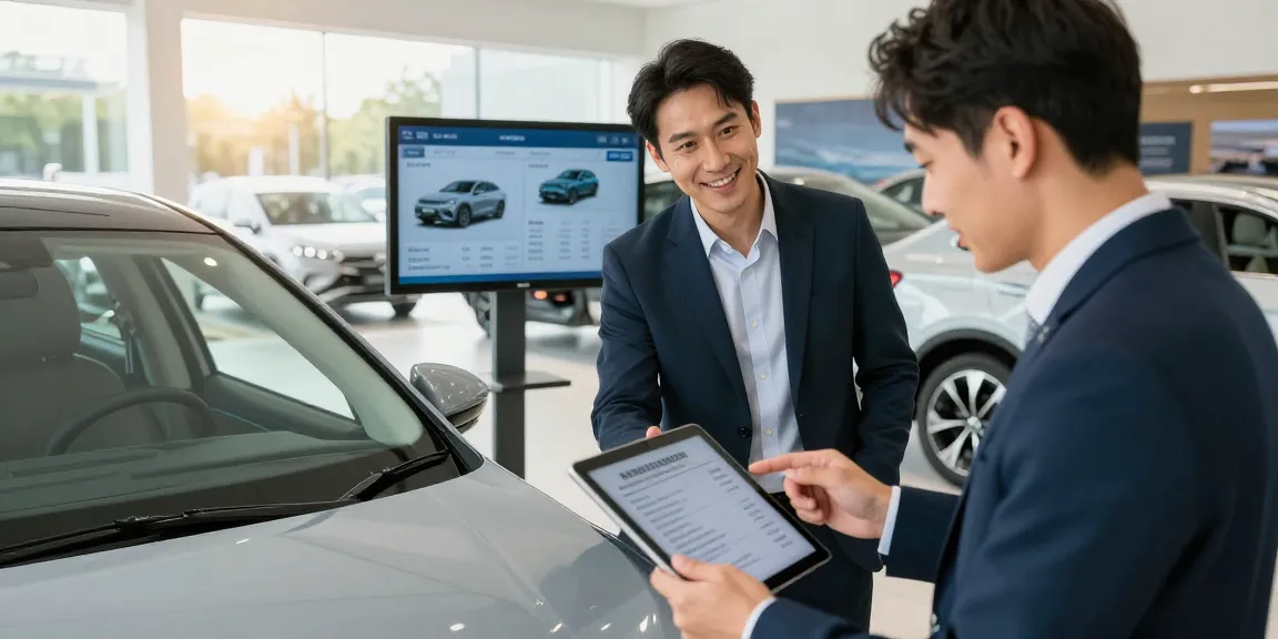 Customer performing a car history check UK on a used vehicle at a modern dealership.