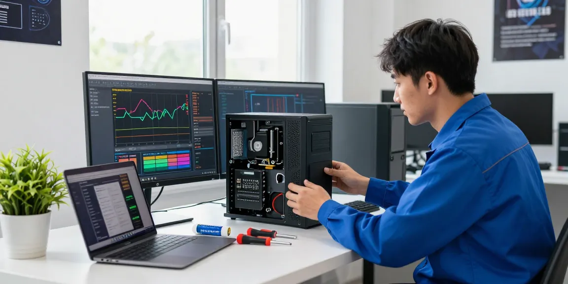 Technician servicing a refurbished PC with diagnostic monitors in a bright workspace