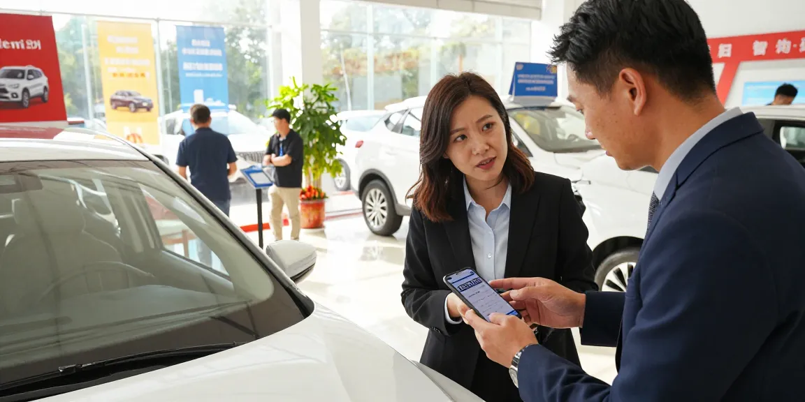 Potential buyer using carfax app at a dealership to check vehicle history