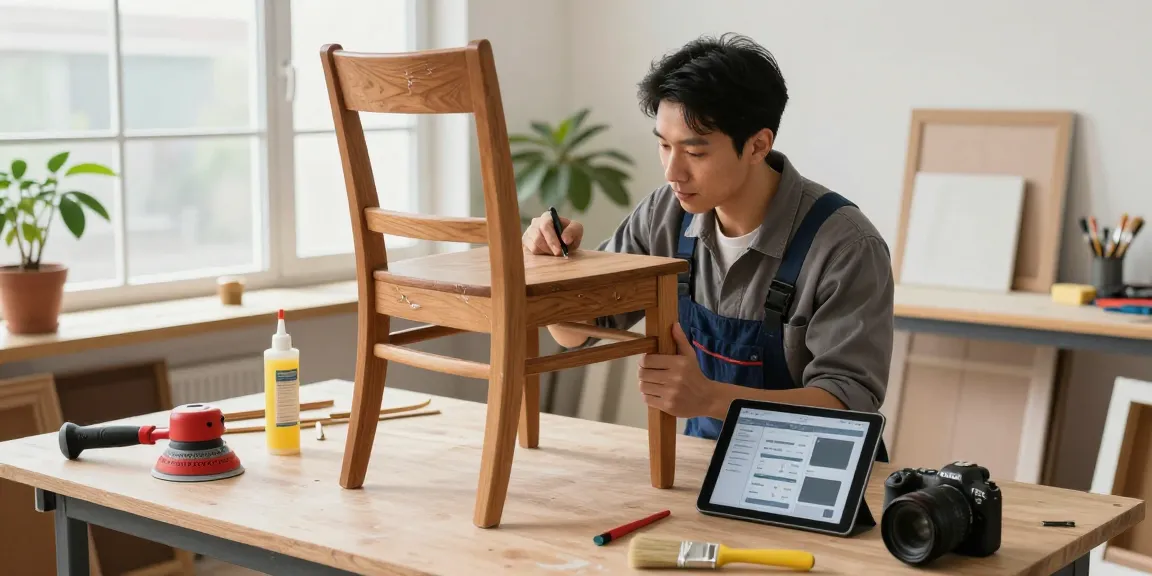 Technician using furniture repair software to restore wooden chair in a bright workshop.