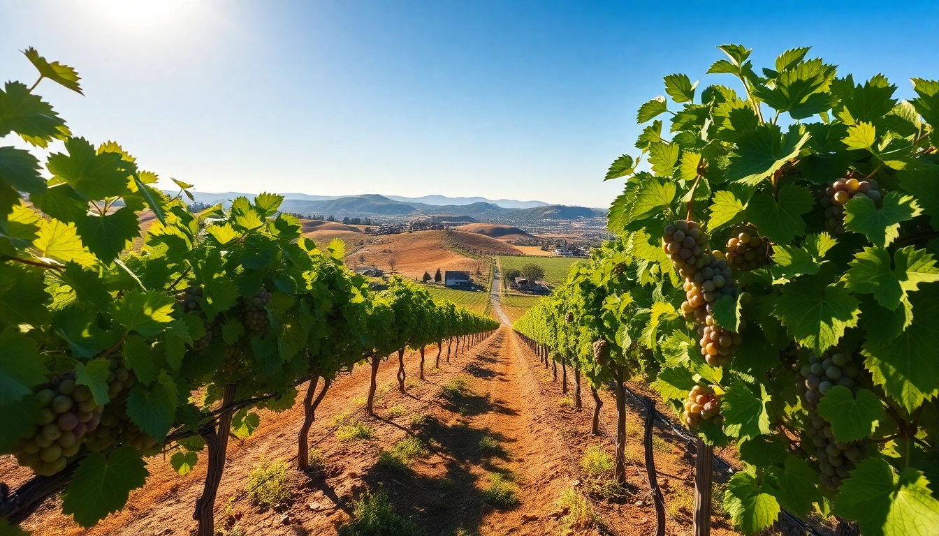 Scenic view of Clarksburg California with lush vineyards and rolling hills under a bright sky.