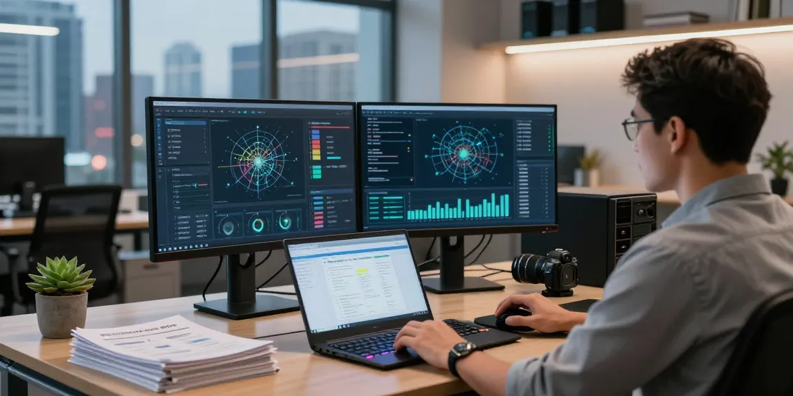 VDS management in an engaging tech office with monitors showing performance data and dynamic analytics.