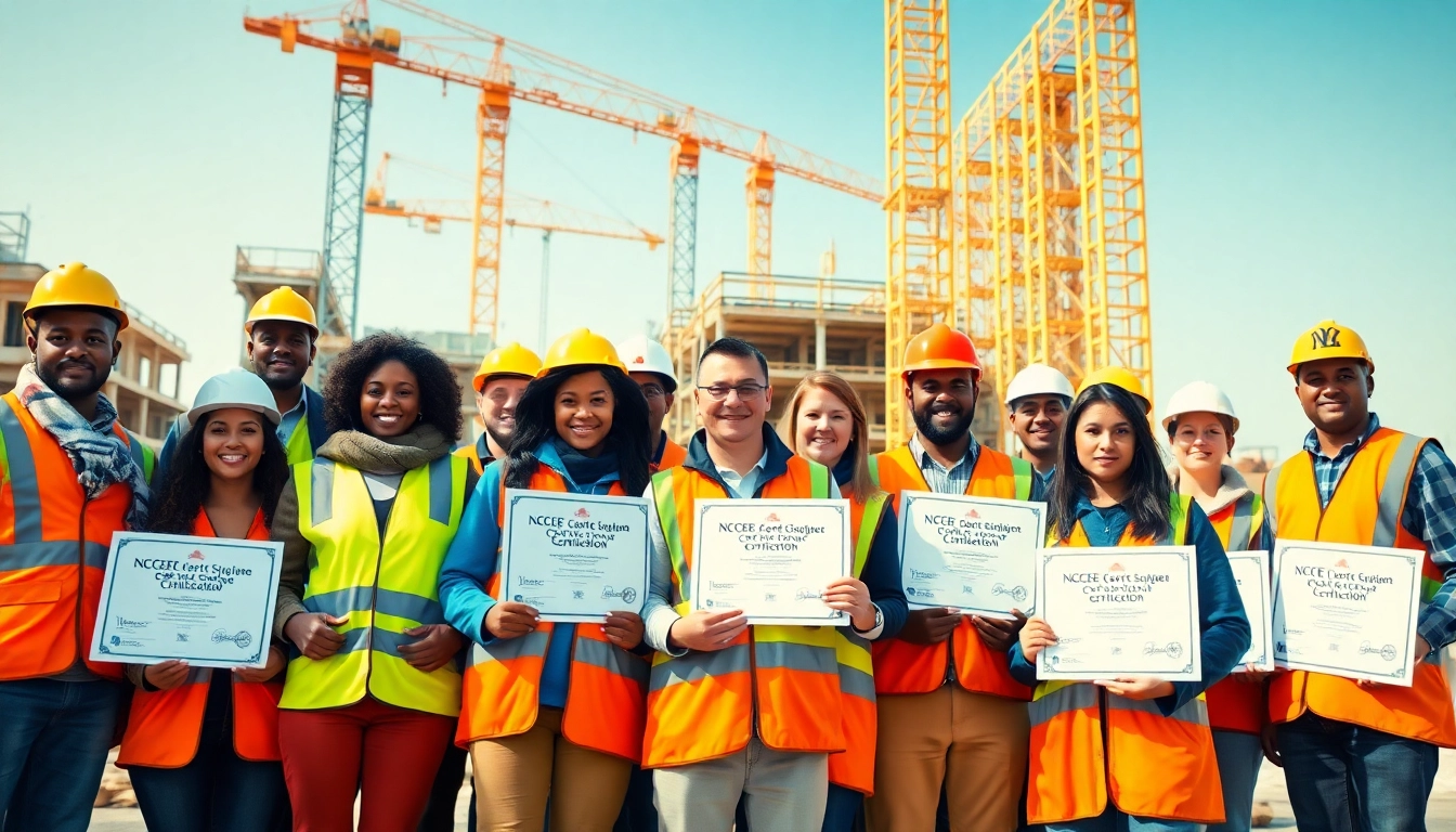 Celebrate NCCER certification with diverse construction professionals at a thriving job site.
