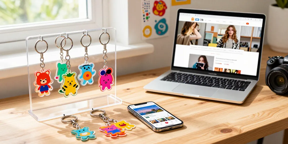 Custom acrylic keychains displayed vibrantly on a table, showcasing unique designs for an engaging e-commerce atmosphere.