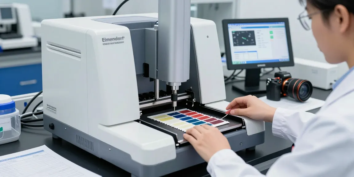 Technician using the elmendorf tear strength tester in a modern lab for precise fabric testing.