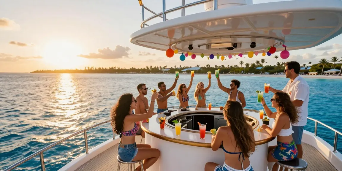 Group celebrating on a yacht rental Punta Cana with open bar and sunset view.