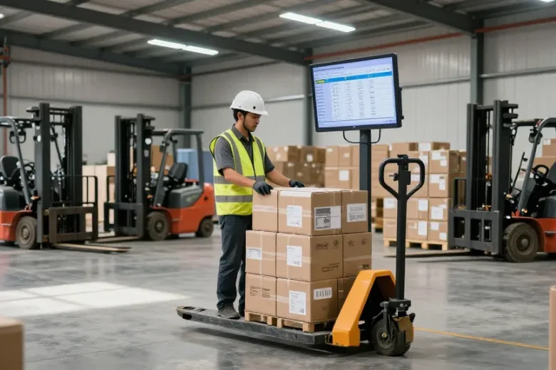 Manual pallet truck with scale for sale being used for weighing goods in a modern warehouse environment.